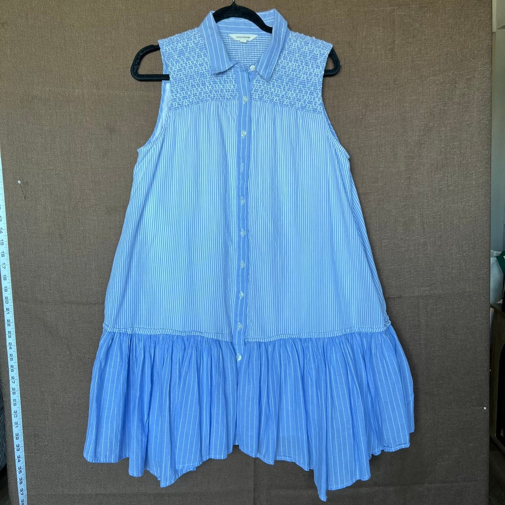 Lucky Brand Womens Blue White Striped Smocked 100% Cotton Button Beach Dress L
